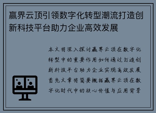 赢界云顶引领数字化转型潮流打造创新科技平台助力企业高效发展
