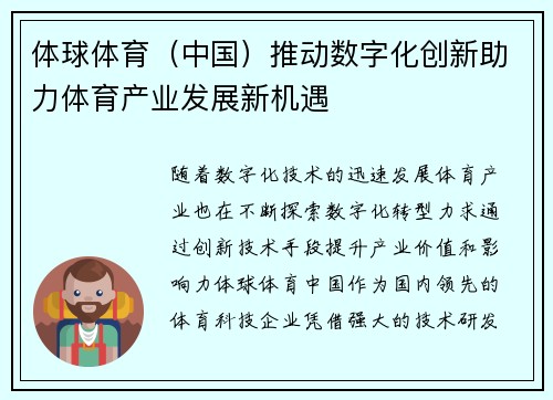 体球体育（中国）推动数字化创新助力体育产业发展新机遇